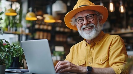 Fototapeta premium Smiling senior man sitting in modern office cafe holding mobile phone using laptop checking mail Elderly hipster wearing stylish yellow hat shirt and glasses working online Online shop : Generative AI