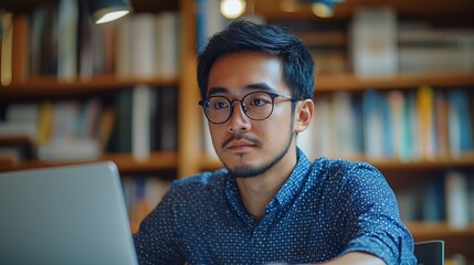 Fototapeta premium Career winner mindset Young freelance businessman working at home Confident dedicated male learning and educate himself for better opportunity in his business career work online on lap : Generative AI