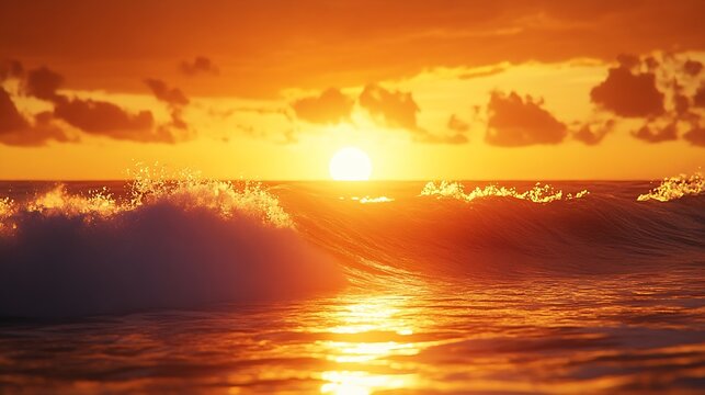 Beautiful stunning colorful and golden sunset in yellow orange red on beach and big wave panorama in tropical nature in Zicatela Puerto Escondido Oaxaca Mexico : Generative AI