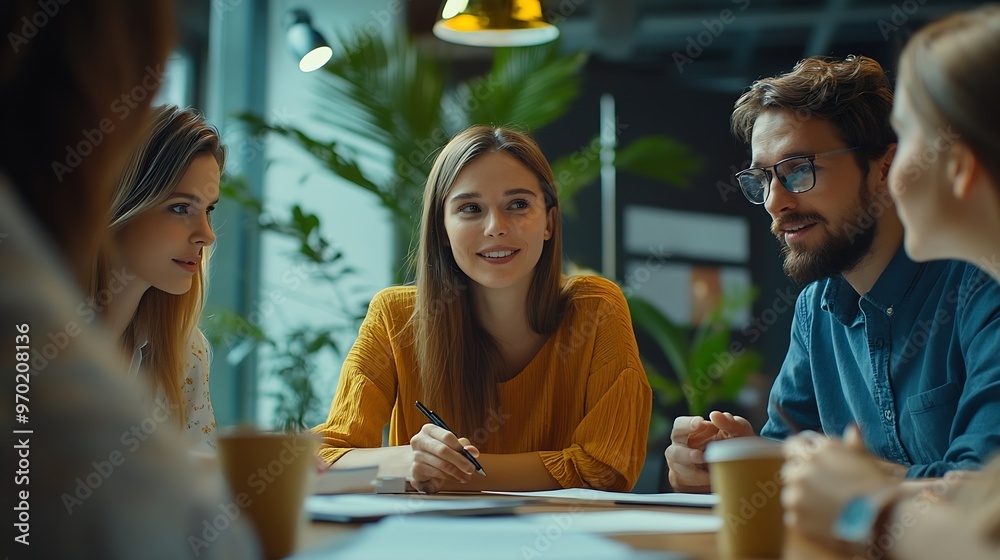 Aufkleber A group of professionals collaborating and working together in a modern office They are discussing project solutions and working on paperwork The team looks happy successful and focuse : Generative AI