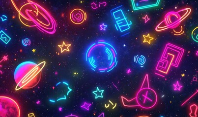 Vibrant digital illustration featuring a bright space theme with geometric shapes symbols rays stars planets numbers and letters in neon colors against a dark background