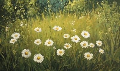 Oil painting depicting a grassy field featuring a composition of daisies and dandelions in the center highlighting the beauty of flowering plants