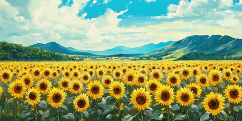 Fototapeta premium Vibrant oil painting of sunflowers in full bloom showcasing a beautiful field of blooming sunflowers and scenic landscape