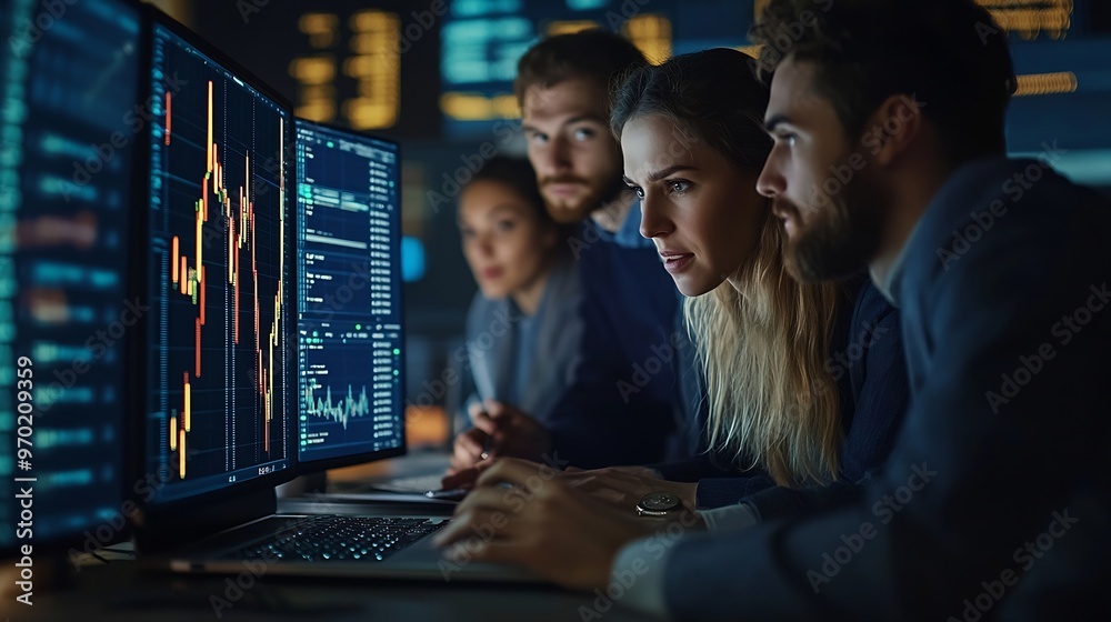 Poster Meeting laptop and team of business people in office at night with stock market charts for investment Discussion computer and financial advisors working on company profit report with d : Generative AI