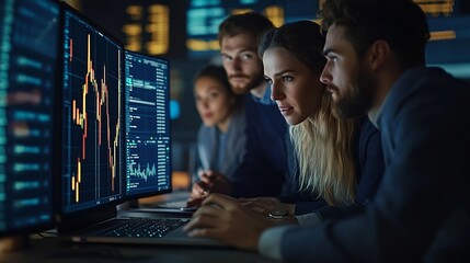 Meeting laptop and team of business people in office at night with stock market charts for investment Discussion computer and financial advisors working on company profit report with d : Generative AI