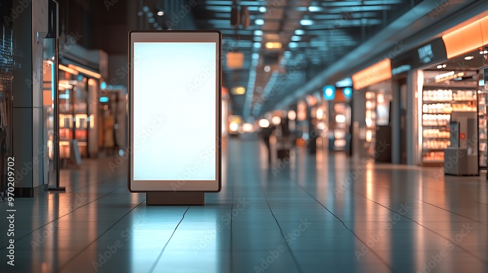 Poster sign and billboard mockup at duty free shop in departure terminal to promote your business or organi