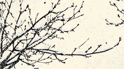 Black and white illustration of branches adorned with snow winter scene