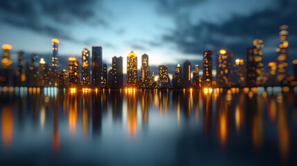 Urban glowtime, peaceful and contemporary, with glowing skyscrapers reflected on a placid river at twilight