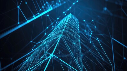 Wireframe illustration of a tower with glowing blue lines against a dark background Viewed from below 3D rendering