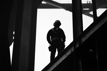Construction Worker Silhouette Standing on Steel Beam