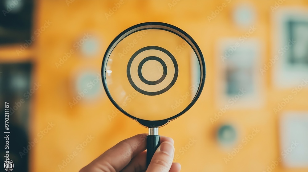 Aufkleber hand holding target board inside vintage magnifying glass for focus business objective on orange bac