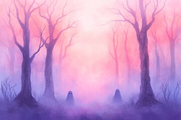 Obraz premium A surreal forest scene with tall, bare trees and a misty pink and purple sky. Dreamlike atmosphere, ideal for fantasy backgrounds, banners, and conceptual designs. Soft, minimalist with copy space.
