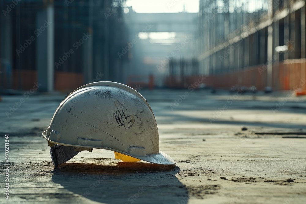 Canvas Prints White Hard Hat on a Construction Site