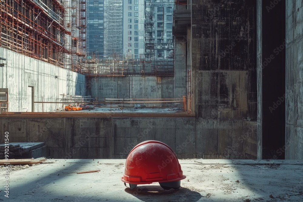 Canvas Prints Red Hard Hat Resting on a Concrete Floor in a Construction Site