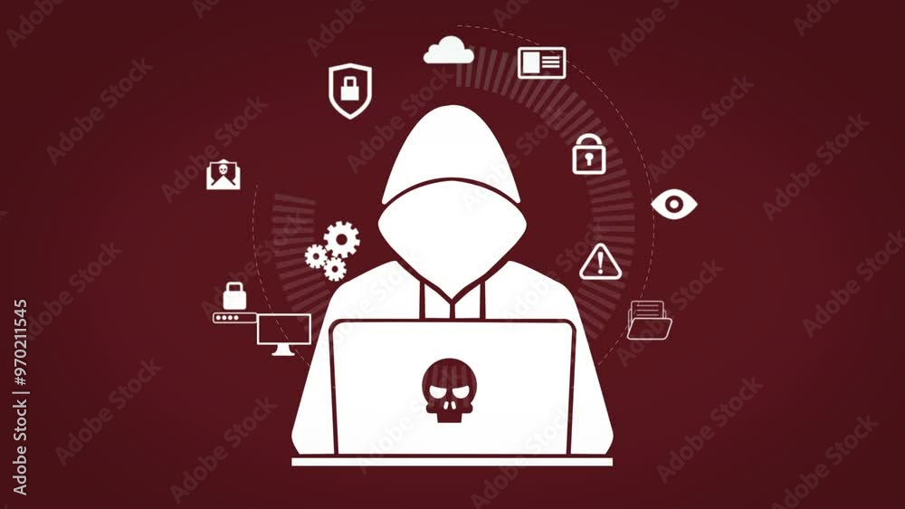 Poster Icon, programming and hacker safety with cybersecurity, cyberspace and networking. Big data, cloud computing and AI software for internet crime, animation and future technology abstract algorithm