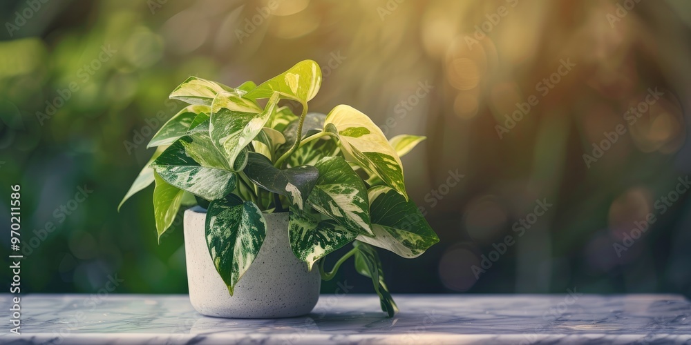 Poster Tropical Epipremnum Aureum Marble Queen Pothos Houseplant with White Variegation in Flower Pot on Marble Table