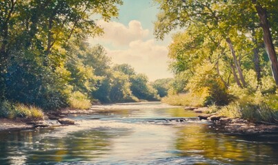 Naklejka premium Oil painting showcasing the natural beauty of a river capturing serene landscapes and the essence of a vibrant environment