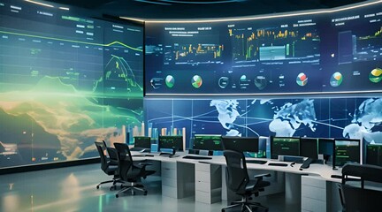 High-tech monitoring room with large, glowing screens displaying colorful stock data charts and graphs