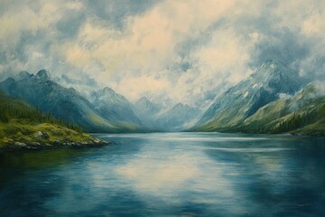 Obraz premium Oil painting depicting a serene lake surrounded by mountains showcasing a tranquil natural landscape ideal for hydroelectric use