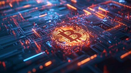 Glowing Bitcoin Symbol on a Circuit Board