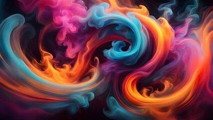 Obraz premium Abstract swirling colors of pink, blue, and orange on a black background.