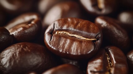 Macro shot of roasted coffee beans, close-up. Rich aroma and gourmet concept