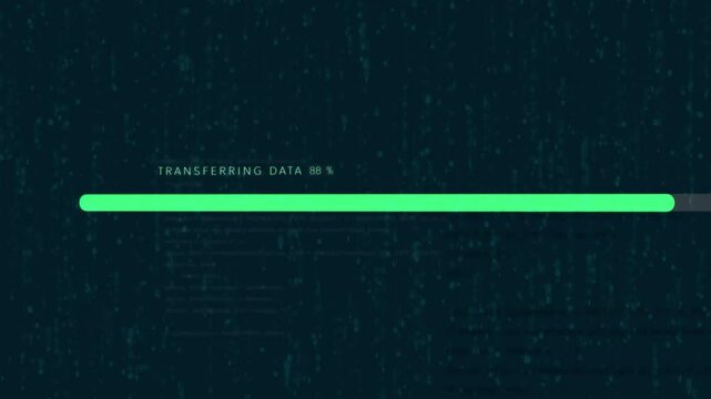 Green bar, hacking and download for software, network and server on dark background. Empty, ai and blockchain with progress, big data collection and cyber security for digital info or cloud computing