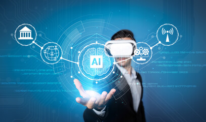 Caucasian business man using chat bot to support and assistant performance. Skilled investor using VR goggle while connecting in metaverse and visual reality world. Technology innovation. Deviation.