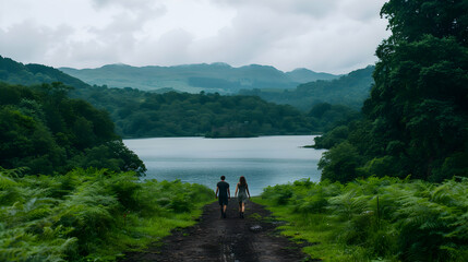 Two People Walking Down Path Castle