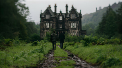 Fototapeta premium Two People Walking Down Path Castle