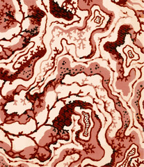 An abstract pattern resembling a topographical map or biological tissue in shades of pink and red, conveying a sense of depth and texture.