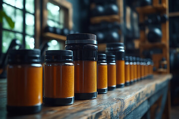In a dark room, packages of sports nutrition are displayed in the foreground, with dumbbells visible in the background, emphasizing fitness and workout supplements.
