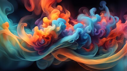 Abstract background with swirling colorful smoke in blue, orange, and purple tones against a black background.