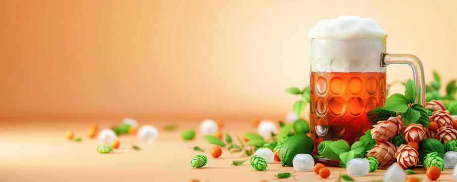 Oktoberfest festival, craft beer, frosty mug, flat design illustration