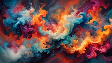 Abstract swirling colorful smoke in a dark background.
