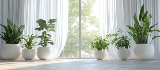 Contemporary interior featuring plants in white pots and curtains showcasing modern design elements 3D rendering