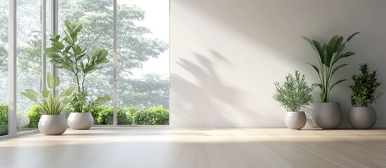 Concept of a minimalist Scandinavian interior featuring plants in vases on wooden flooring...