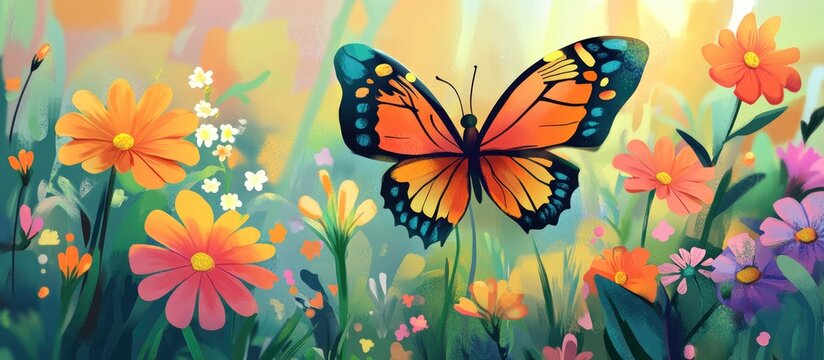 Educational dot to dot activity for kids in a vibrant flower meadow with butterflies and blooms