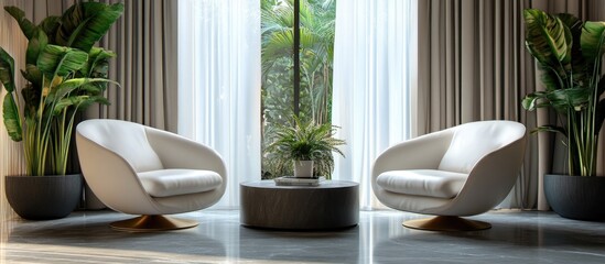 Modern interior design featuring armchairs plants and curtains in a stylish room 3D illustration