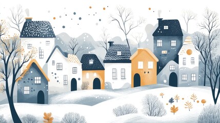 Fototapeta premium Vibrant raster illustration of whimsical houses set against a stylized landscape featuring a palette of white gray and blue hues