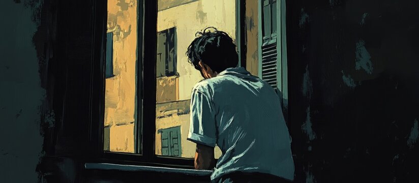 A nonchalant figure leans by an open window passively watching the happenings in the street with an air of indifference