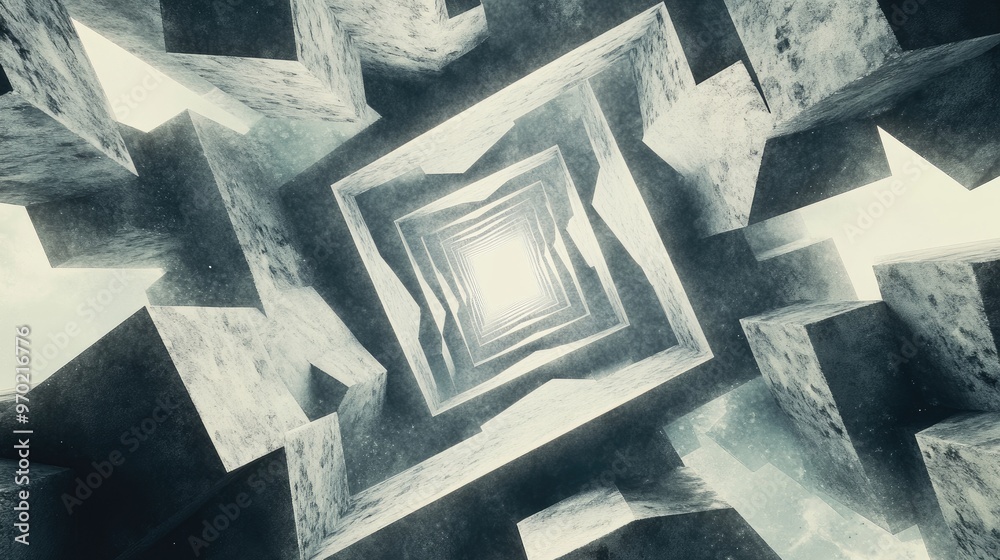 Poster 3d rendering of a triangular tunnel surrounded by cubes created through digital illustration