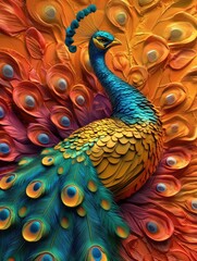 Fototapeta premium Surreal 3D illustration featuring a golden peacock with vibrant feathers set against a colorful background ideal for impressionistic carnival themed designs and decorations