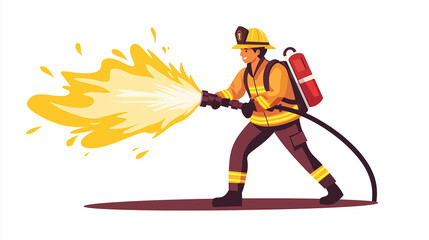 Fototapeta premium Cartoon firefighter in action, extinguishing flames with water hose, safety and rescue, heroic profession, animated character in full protective gear, emergency response illustration