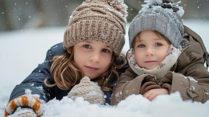 beautiful girls with light eyes looking at the camera in the snow in winter
