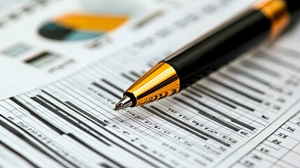 Gold-Trimmed Pen Resting on a Bar Graph and Pie Chart