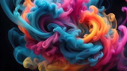 Abstract swirling colorful smoke in a black background.