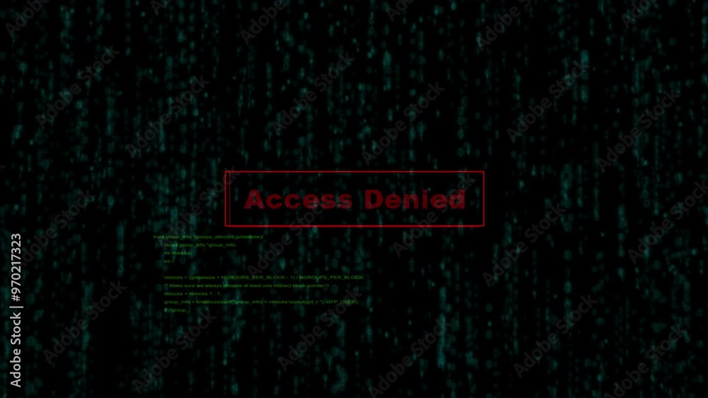 Aufkleber Access denied, warning and coding with animation for green matrix, hacking and cybersecurity test for IT company. Attention, sign or icon with box for futuristic protection to stop malware attack