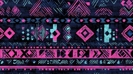 Ethnic embroidery featuring a seamless Aztec pattern vintage design Indian tribal motifs and geometric prints in indigo black pink cyan and neon hues