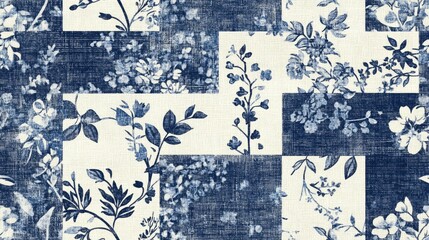 French blue floral printed fabric pattern for shabby chic home decor Rustic farmhouse cottage flower linen seamless background with patchwork quilt effect motif
